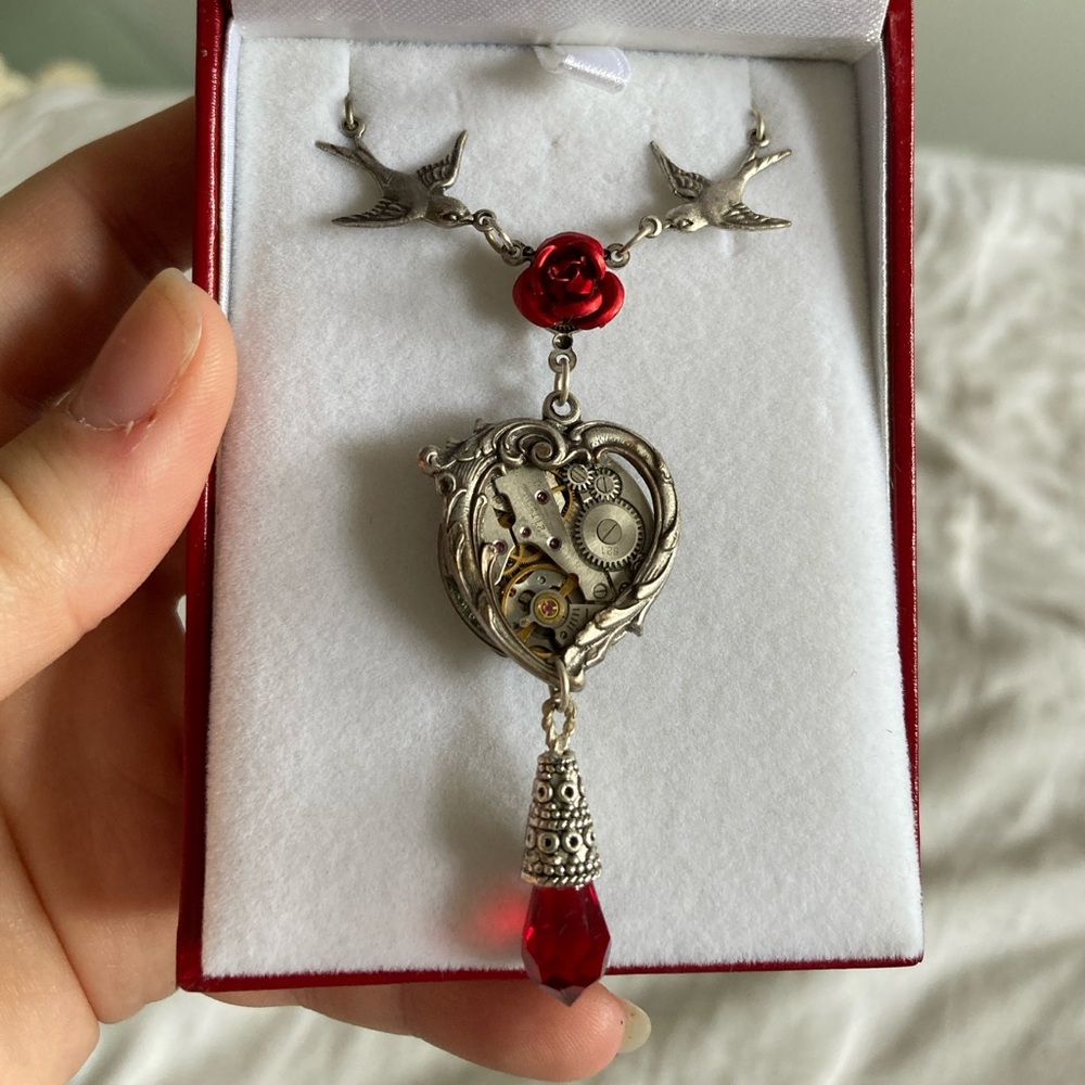 Silver and Red Heart Pendant Necklace